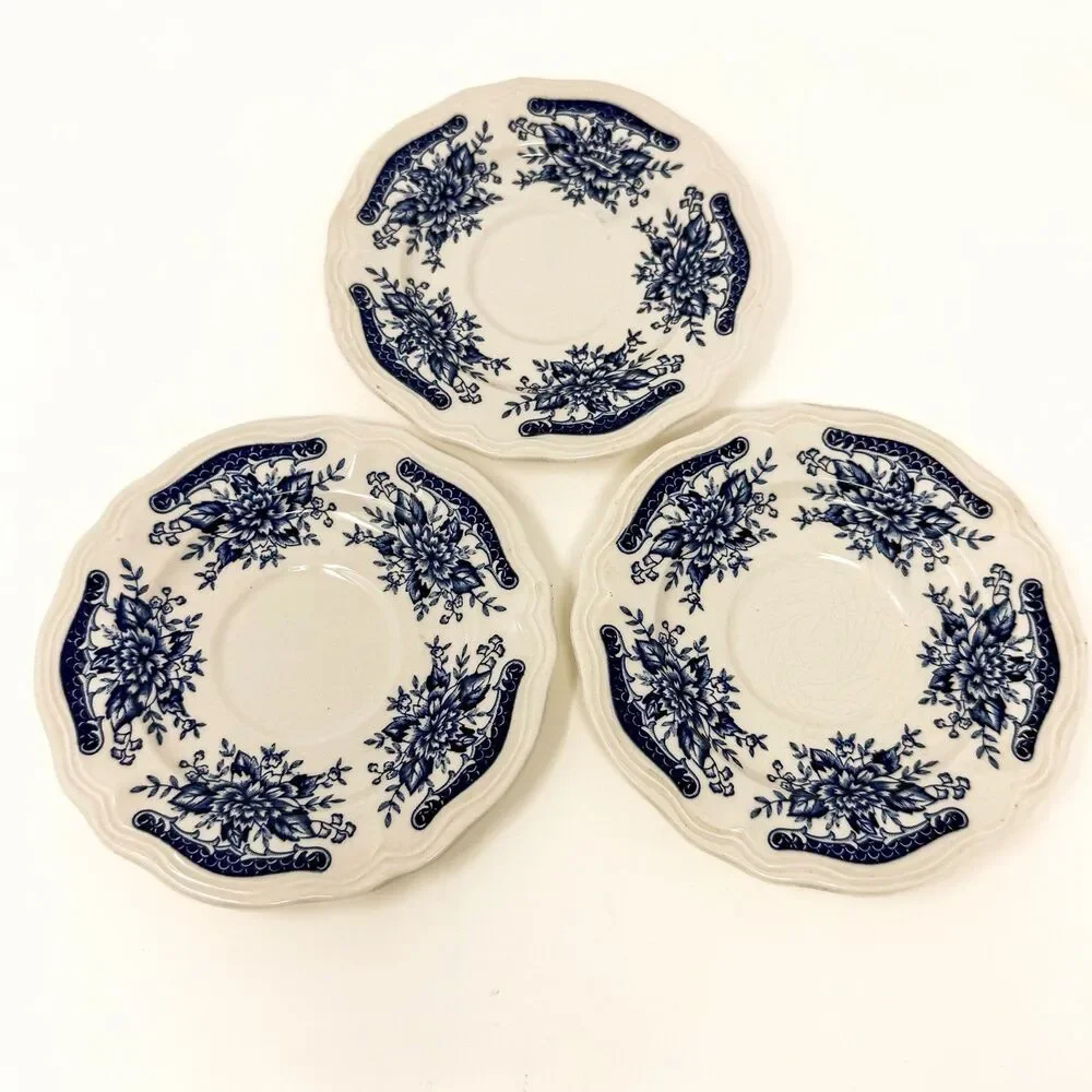 Blue Carnation Ironstone Cups & Saucers Set 3 Japan Blue White Vintage Floral